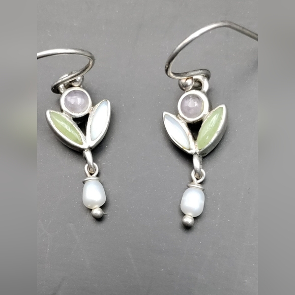 Unique Sterling Silver, Amethyst, Peridot, Moonstone, and Seed Pearl Earrings. - Picture 1 of 4